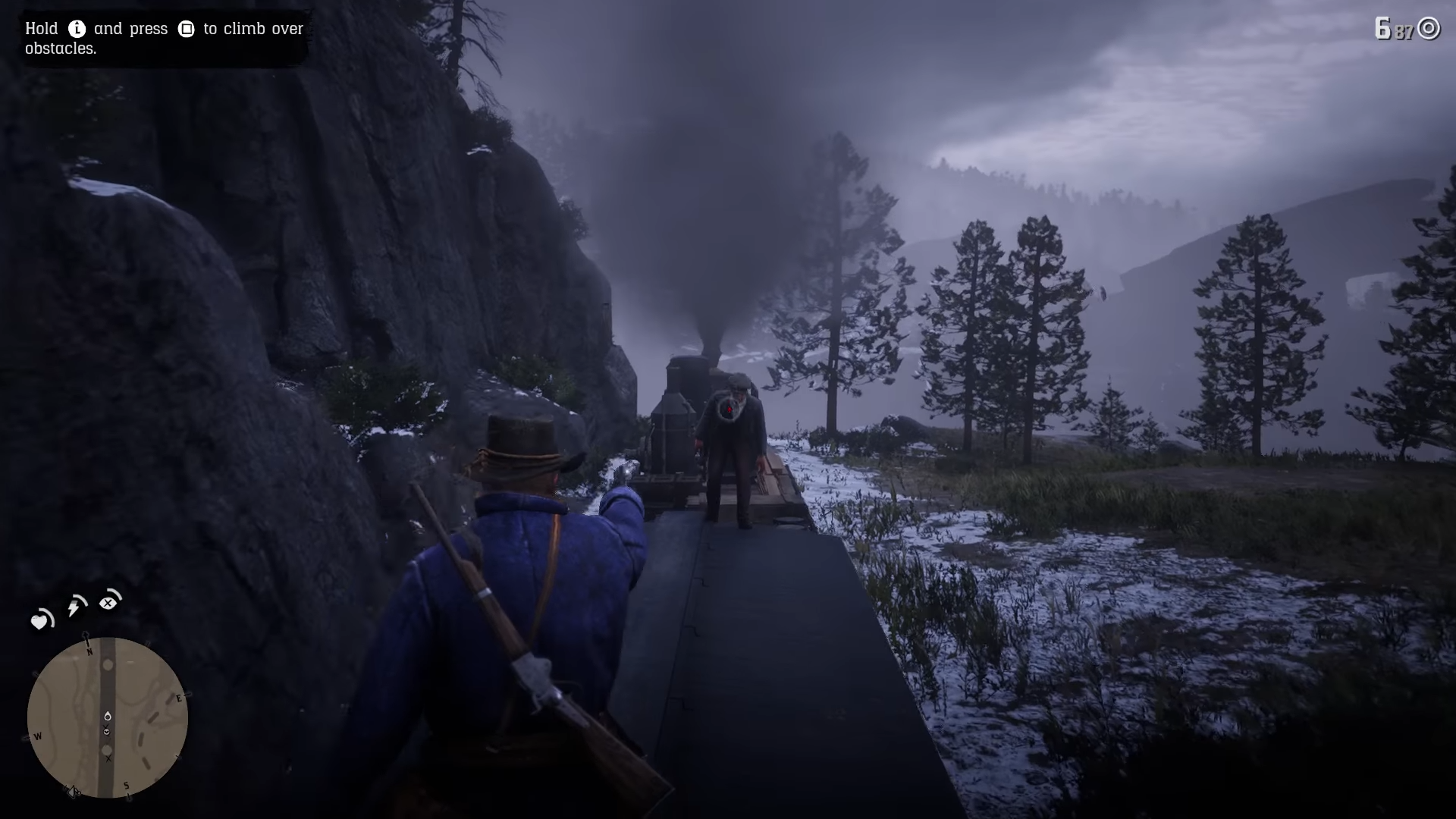 Arthur aiming at an enemy on a train