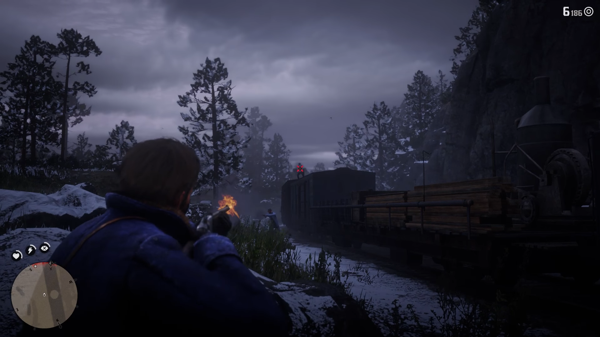 Arthur aiming at an enemy on a train